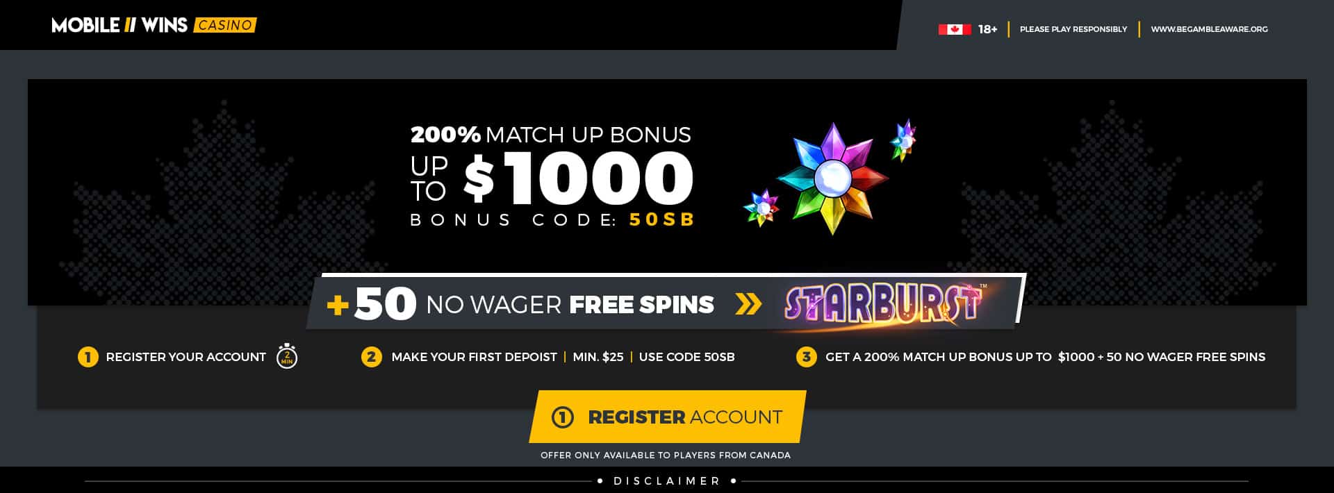 $1000 Bonus + 50 Free Spins