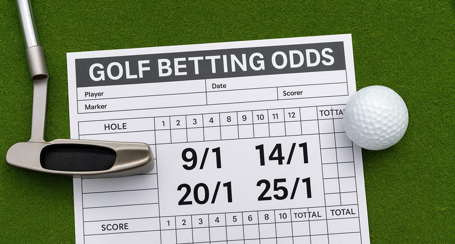 golf betting odds displayed alongside a scorecard and golf ball on green